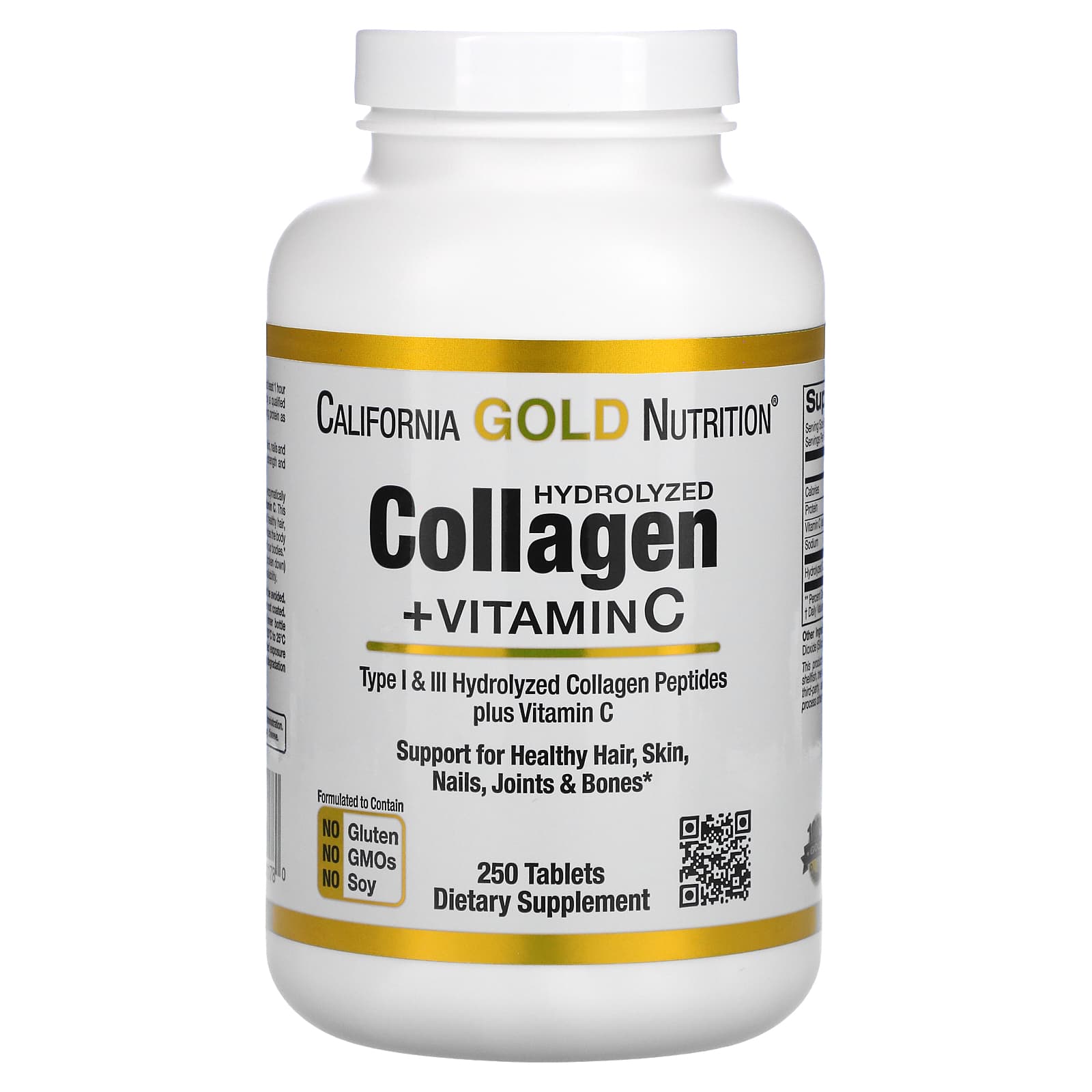 California Gold Nutrition Hydrolyzed Collagen Peptides + Vitamin C - Type I & III - 250 Tablets - Image 1