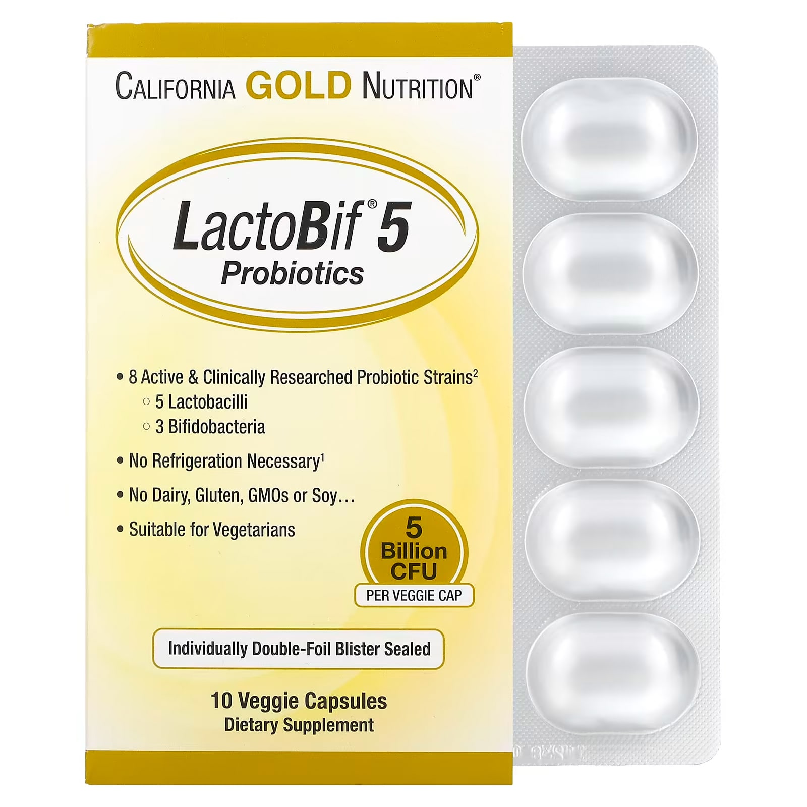 California Gold Nutrition Lactobif Probiotics 5 Billion Cfu Digestive System Booster - 10 Veggie Caps