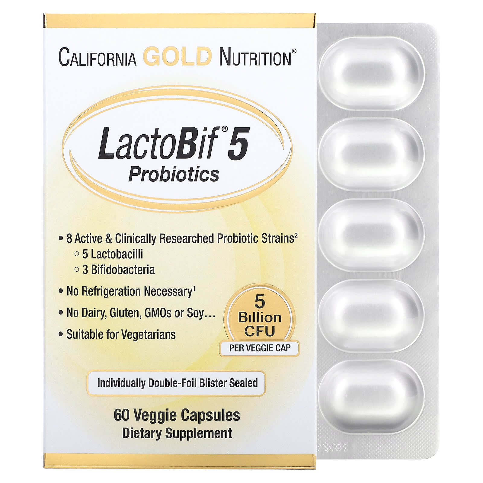 California Gold Nutrition Lactobif Probiotics 5 Billion Cfu Digestive System Booster - 60 Veggie Caps