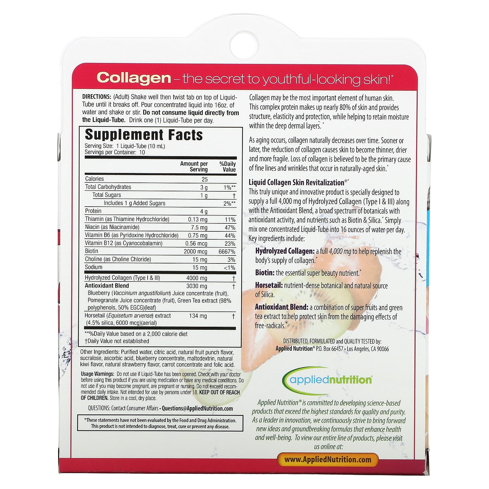 Applied Nutrition Liquid Collagen Tropical Strawberry & Kiwi - 10 Liquid Tubes - 10 ml Each