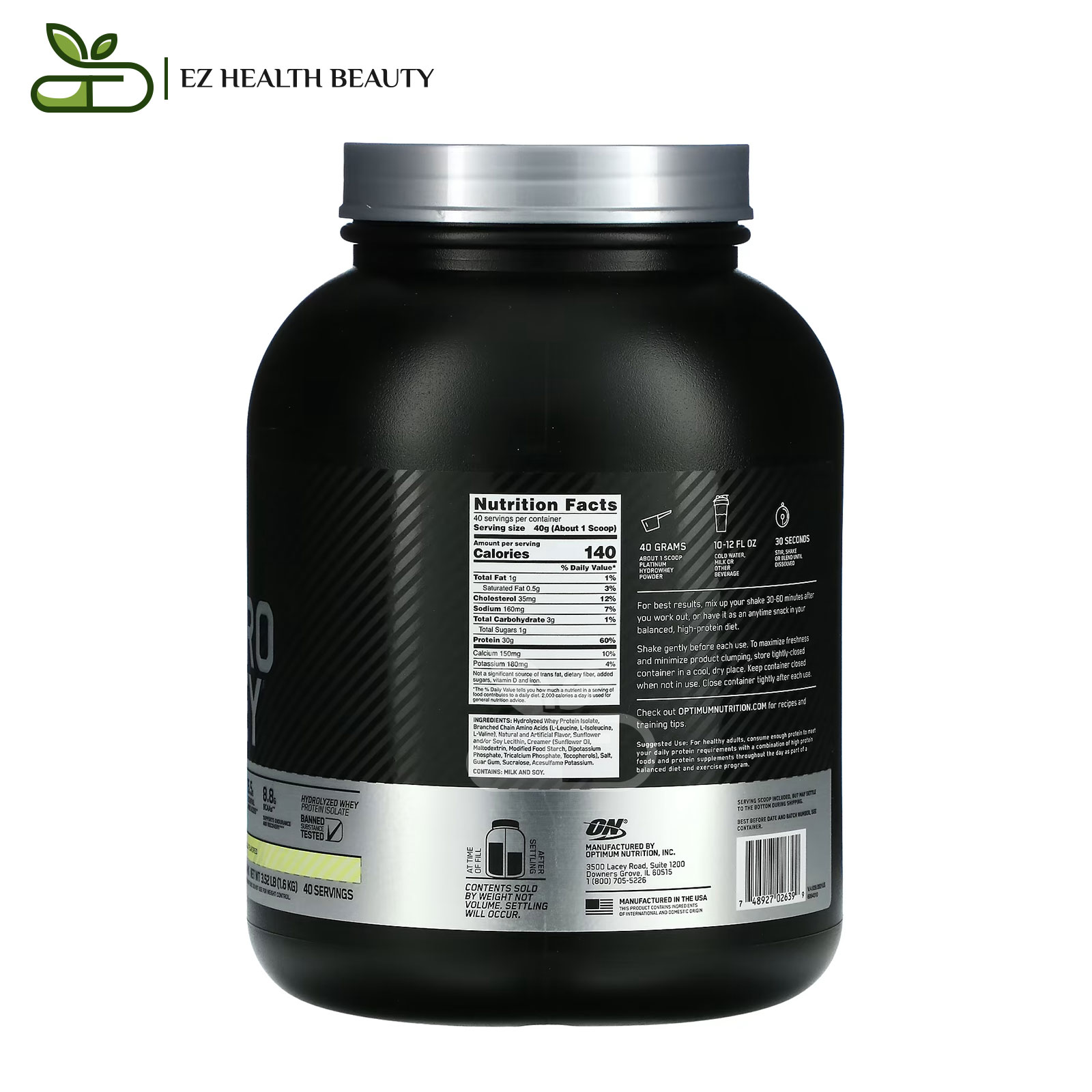 Platinum Hydro Whey Supplement Turbo Velocity Vanilla Optimum Nutrition - (1.6 Kg) For Muscular Recovery