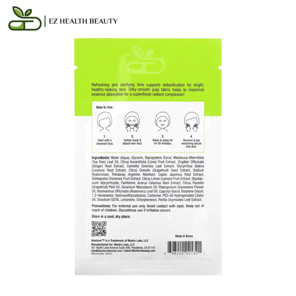 Lime All Yours Mask Superfood Skin Savior Idealove 1 Beauty Sheet Mask, 0.68 Fl Oz (20 Ml)